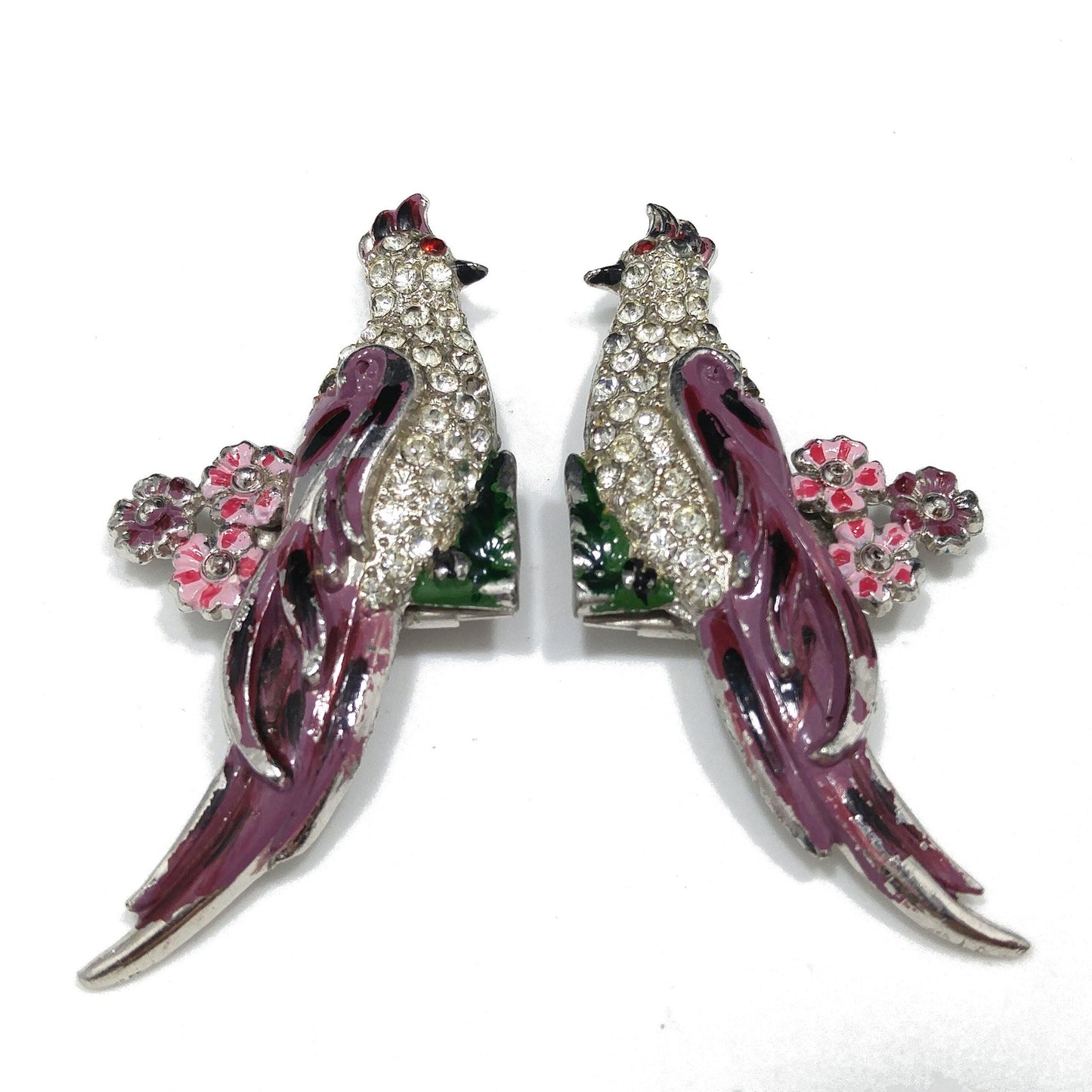 Duette Bird Brooches, Unsigned, Coro Style, Set of Two, Rhinestone and Enamel, 1940s Vintage Jewelry