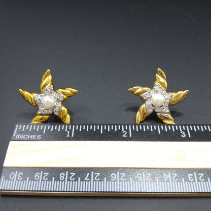 Krementz Gold Plated Starfish Earrings, Faux Pearls, 1970s Vintage Jewelry