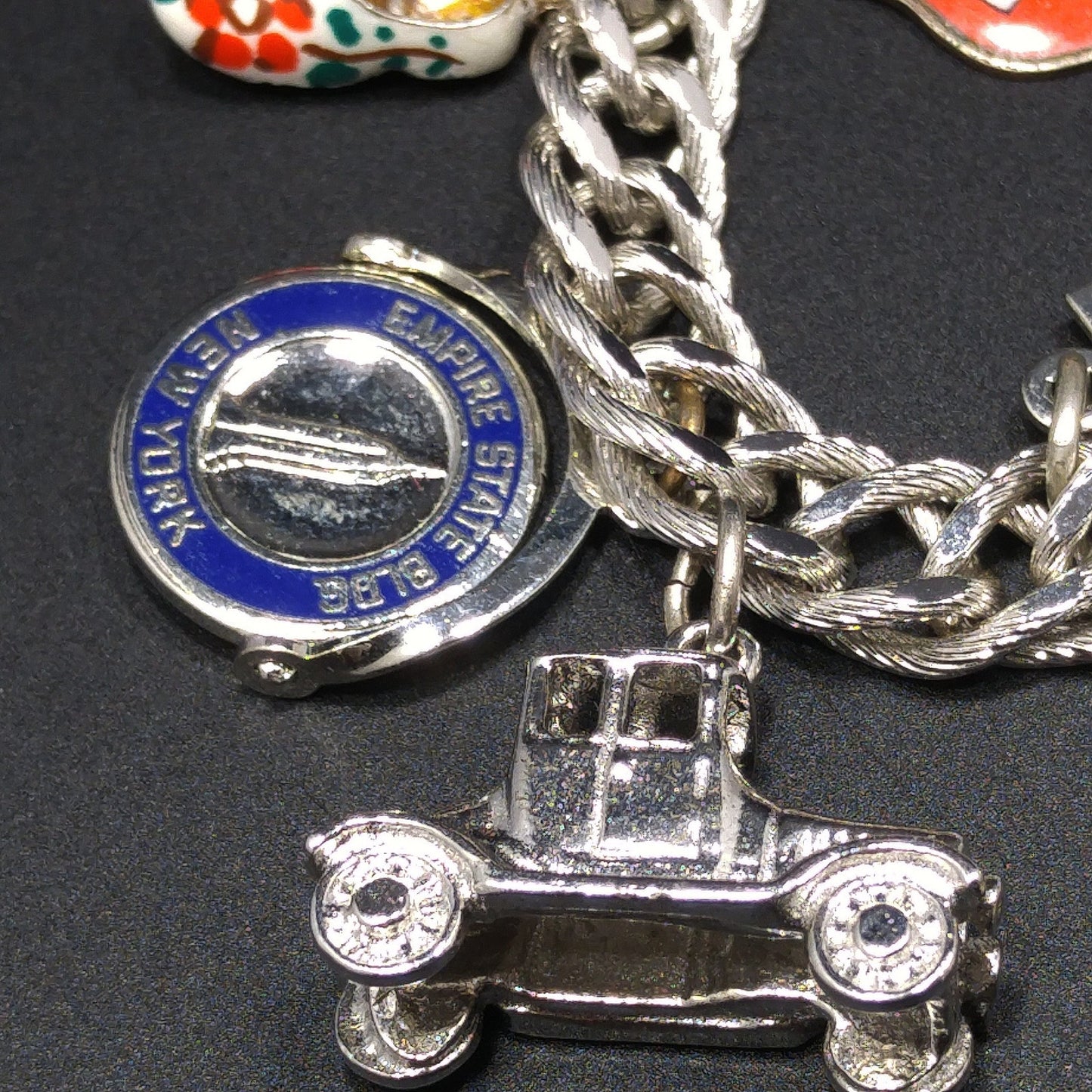 Monet Silver Tone Charm Bracelet, Sterling Silver Travel Charms, 1970s Vintage Jewelry