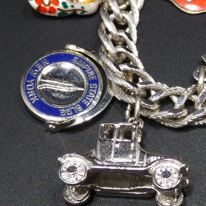 Monet Silver Tone Charm Bracelet, Sterling Silver Travel Charms, 1970s Vintage Jewelry