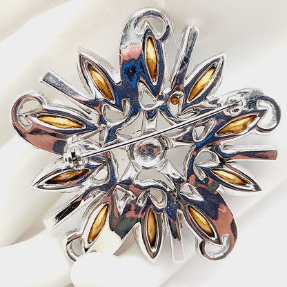 Vintage Rhodium Plated Blue Clear Rhinestone Floral Brooch – 2 1/4 Inches