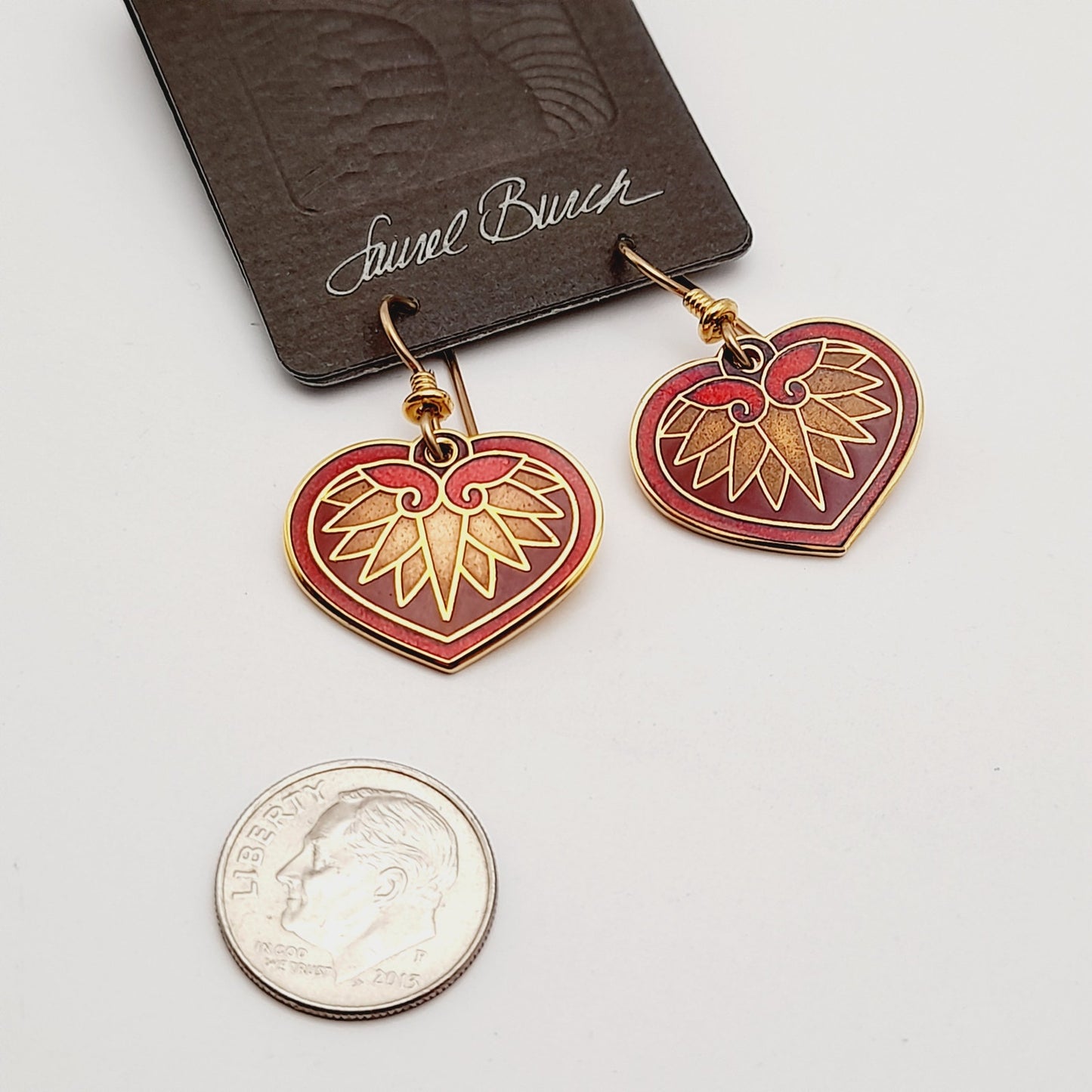 Vintage Laurel Burch Hollyhock Red Enamel Gold Plated 1988 Earrings - On Original Card