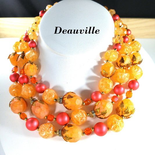 Deauville Lucite Beaded Necklace, 1950s Orange Red 3 Strand Vintage