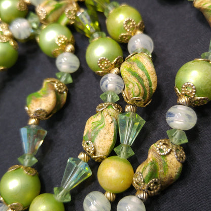 Vendome Green Beige Art Beads, Green AB Cone Crystal Beads, 1960s Vintage Jewelry
