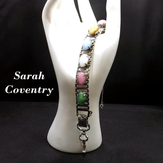 Vintage Sarah Coventry Multicolored Glass Cabochons Bracelet, 7" or 8" Extension