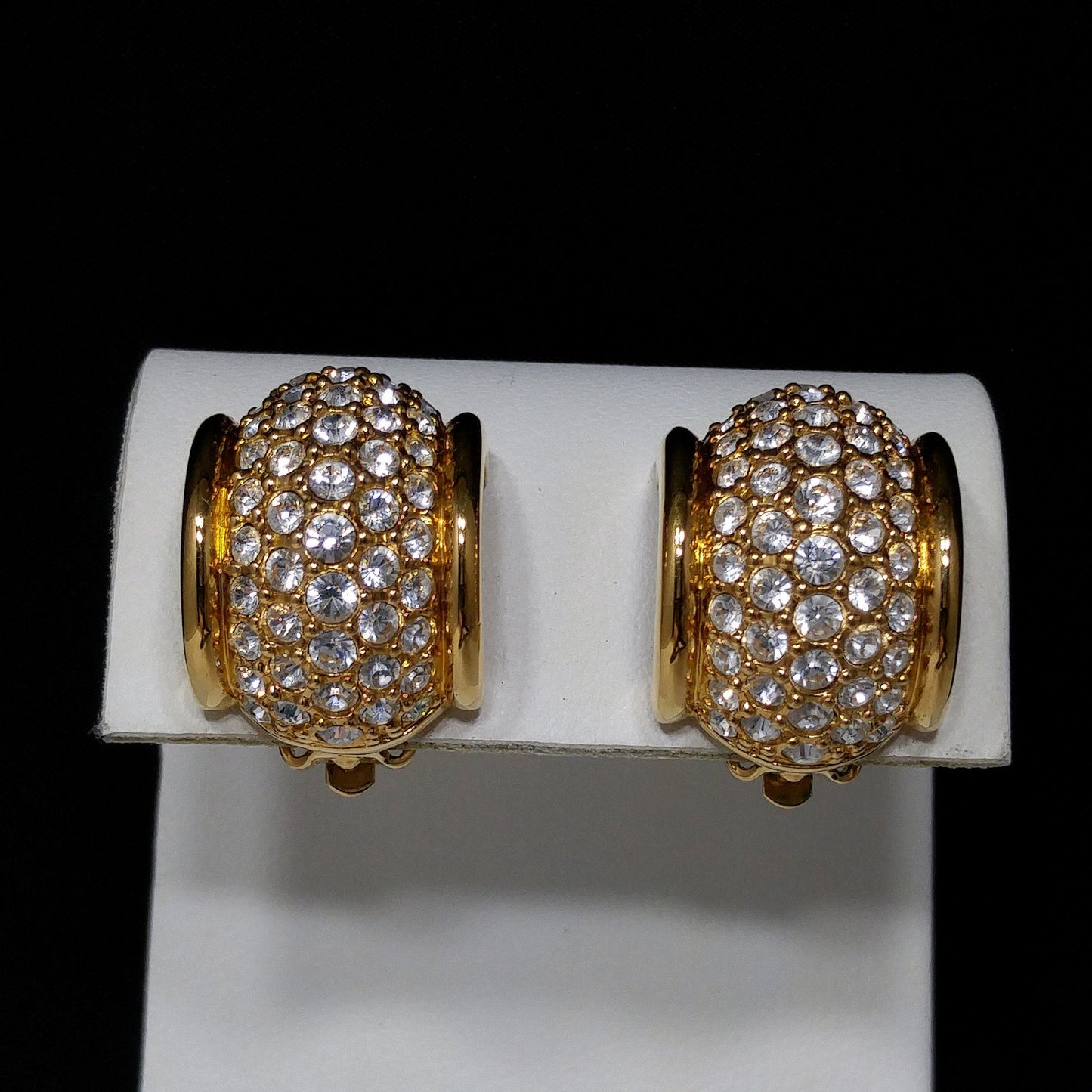 Swarovski Clear Pave Wide Hoop Earrings, Gold Plated Clips, 1990s Vintage Jewelry