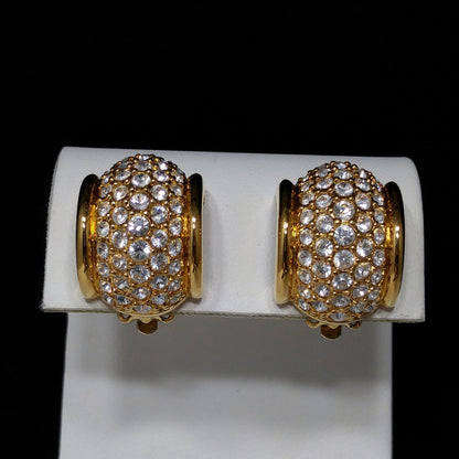Swarovski Clear Pave Wide Hoop Earrings, Gold Plated Clips, 1990s Vintage Jewelry