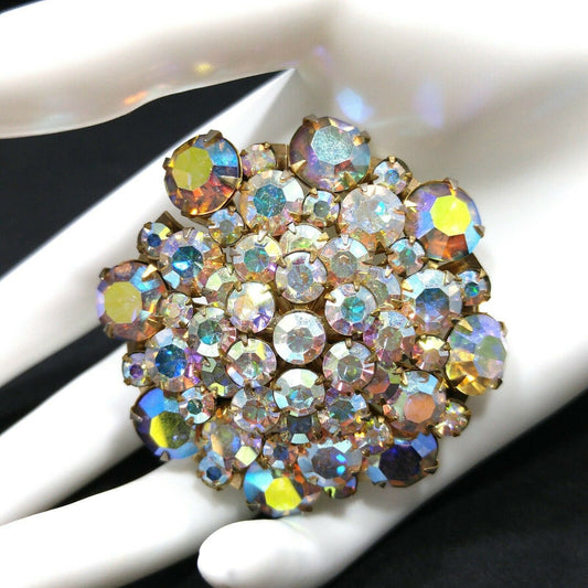 Vintage Aurora Borealis Rhinestone Floral Brooch 1950s Gold Tone Mid-Century