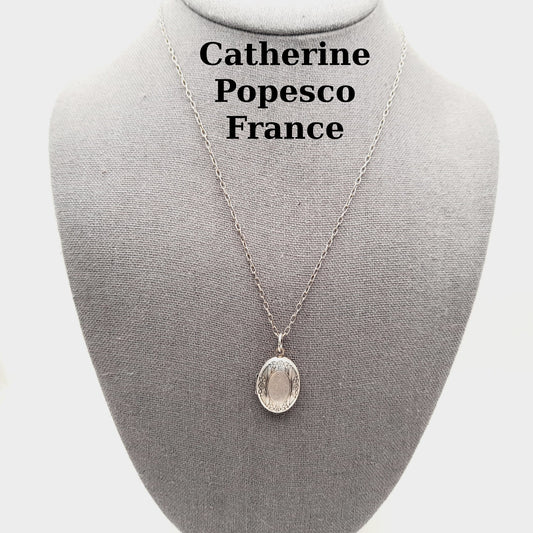 Vintage Catherine Popesco Sterling Silver Plated Locket Oval Necklace, 18"