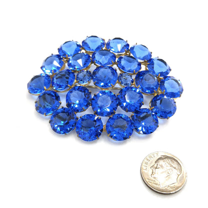 Art Deco Czech Blue Brooch, Open Back Glass Rhinestones, 1940s Vintage Jewelry