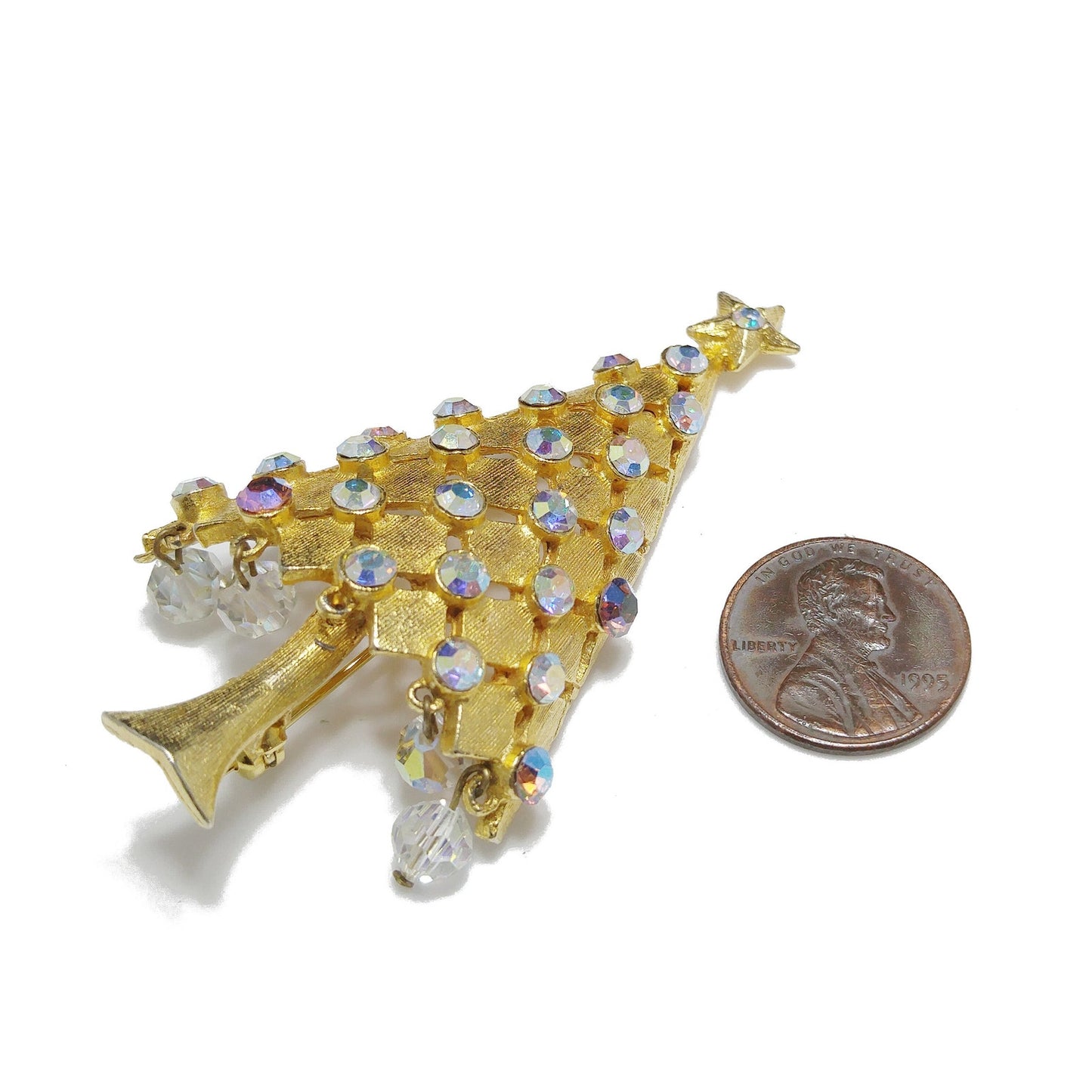 Vintage MYLU Christmas Tree Brooch – AB Rhinestones, Dangling Crystals, 1960s