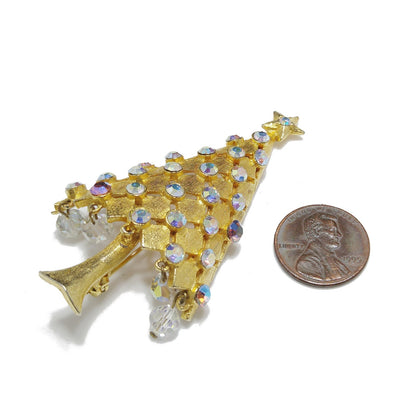 Vintage MYLU Christmas Tree Brooch – AB Rhinestones, Dangling Crystals, 1960s