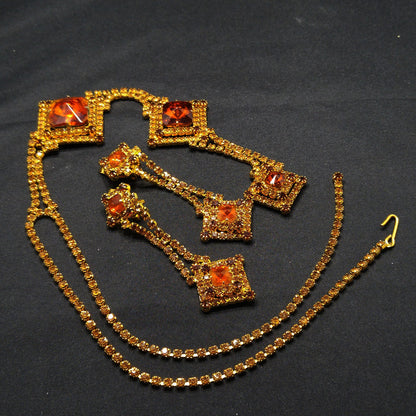 Topaz Glass Rhinestones Long Necklace Earrings, Rivoli Rhinestones, Gold Plated, 1960s Vintage Jewelry