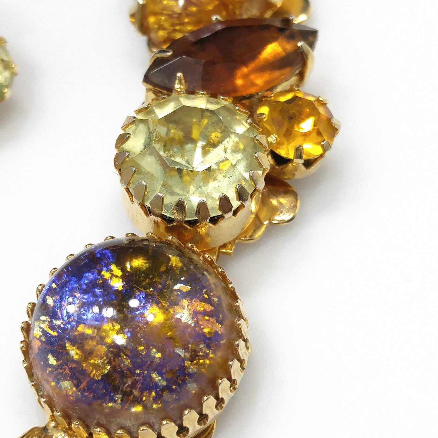 Gold Foil Faux Opal Rhinestone Bracelet & Earrings, Light Topaz Jonquil Rhinestones, 1960s Vintage Jewelry