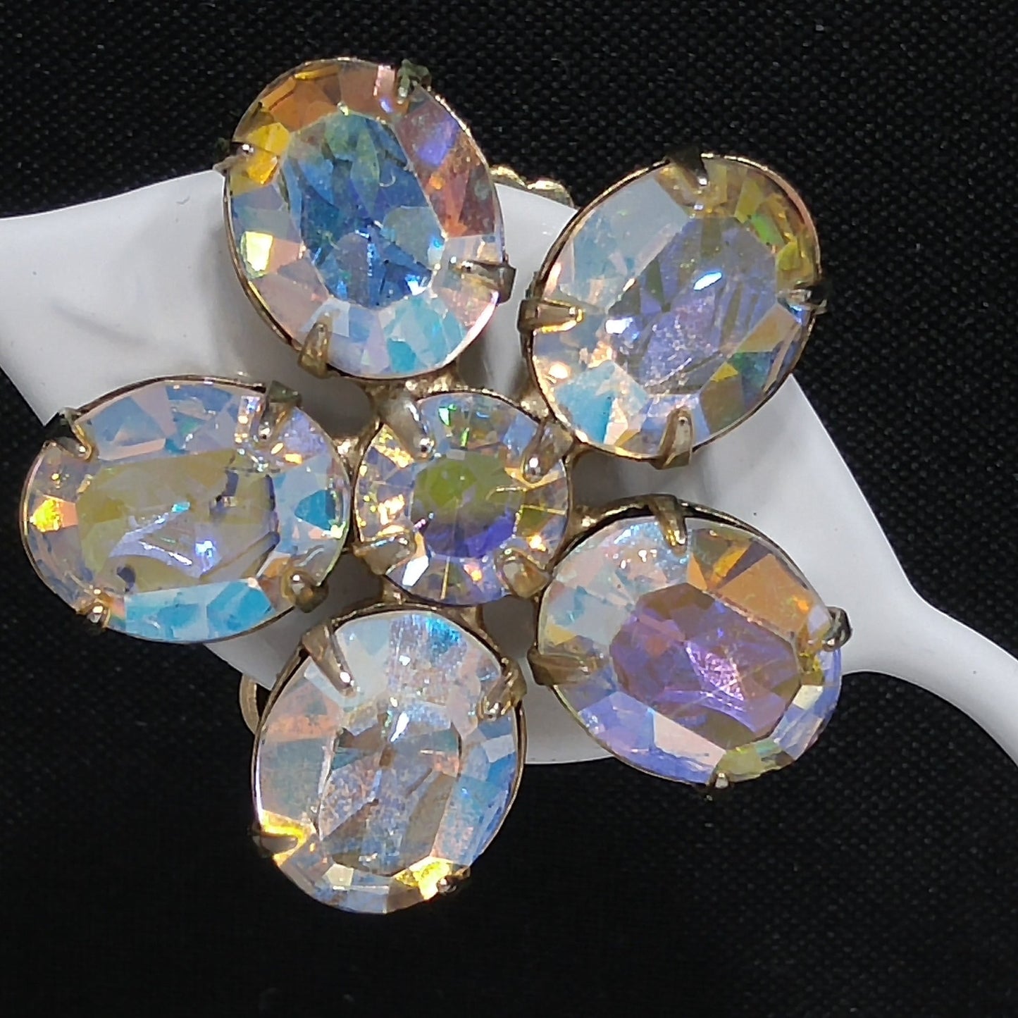 Weiss Aurora Borealis Clear Rhinestone Earrings, Flower Clip Earrings, 1950s Vintage Jewelry