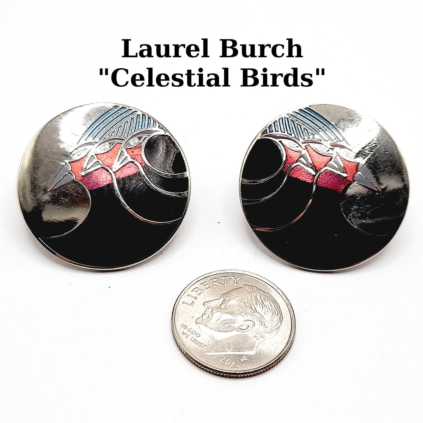 Laurel Burch "Celestial Birds" Post Earrings, Vintage 1980s Rhodium Enamel Jewelry, Designer Statement Earrings, Artistic Retro Style