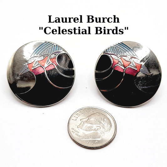 Laurel Burch "Celestial Birds" Post Earrings, Vintage 1980s Rhodium Enamel Jewelry, Designer Statement Earrings, Artistic Retro Style