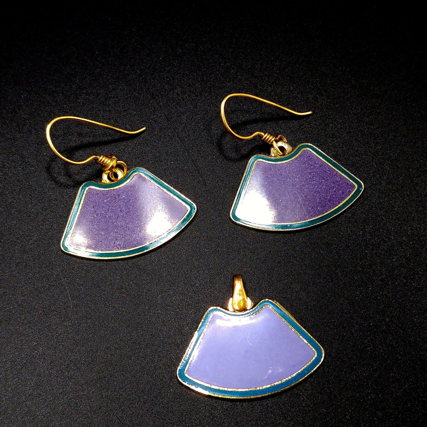 Laurel Burch Purple & Teal Earrings Pendant, Cloisonné Enamel, Gold Plated, 1980s Vintage Jewelry