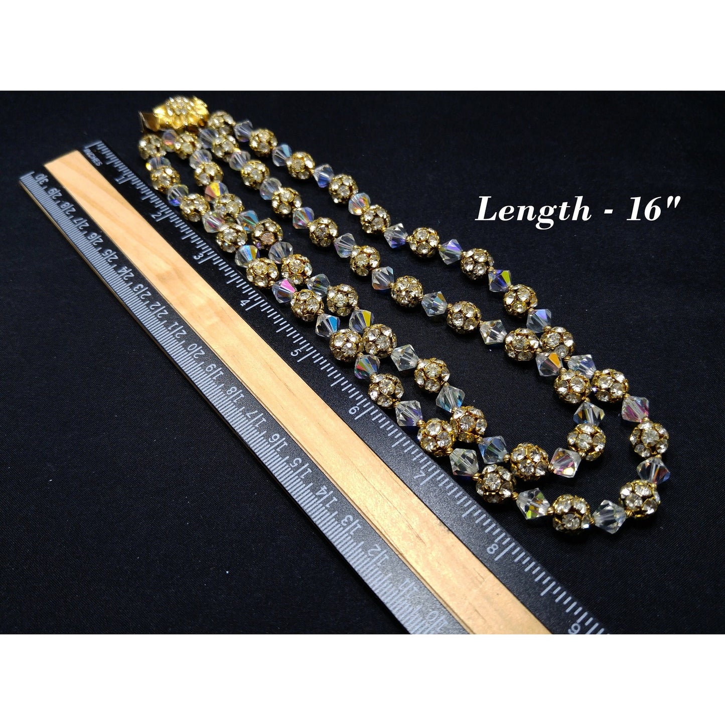 Vintage 1960s AB Crystal Rhinestone Gold Floral Clasp Two Strand Necklace