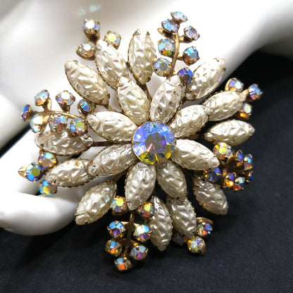 Large Flower Pearled Lava Glass Brooch, Aurora Borealis Rhinestones, 1950s Vintage Jewelry