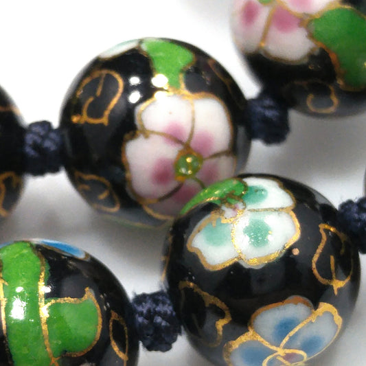 Vintage Black Cloisonné Floral Beaded Necklace, Pink Green Flowers, 1960s Vintage Jewelry