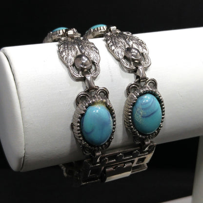 Lucite Faux Turquoise Double Strand Bracelet, Silver Leaves, 1950s Vintage Jewelry