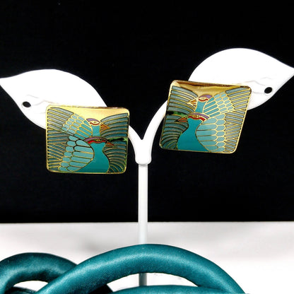Laurel Burch "Moon Doves" Pendant Necklace & Earrings, Gold Plated, Cloisonné Enamel, 1980s Vintage Jewelry