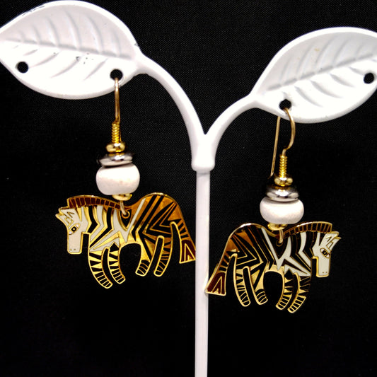 Laurel Burch "Wild Zebra" Earrings, Black White Enamel, Gold Plated, 1980s Vintage Jewelry