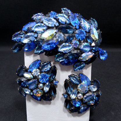 Regency 1950s Blue Rhinestone Brooch Earrings Set Art Glass Leaf Vintage