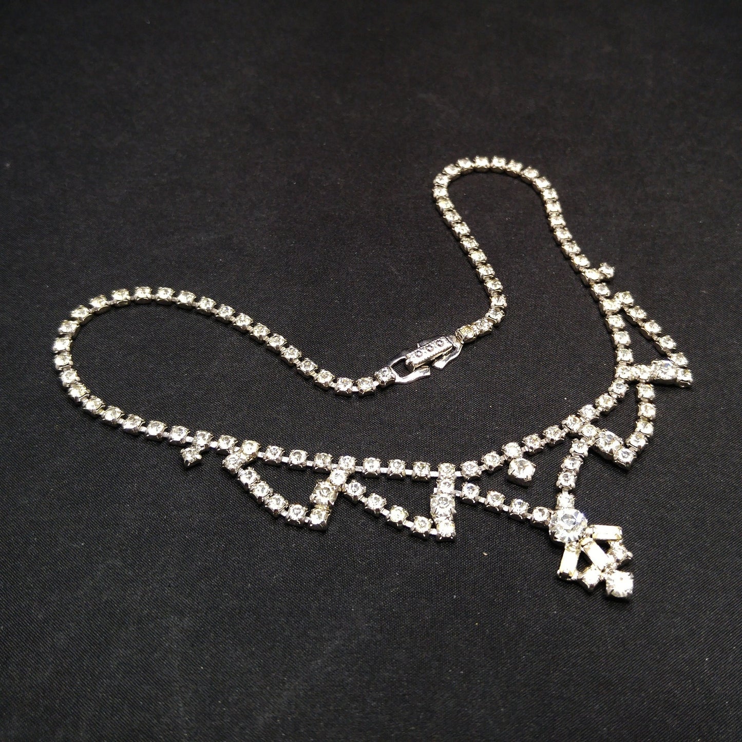 Vintage 1960s Clear Rhinestone Choker Necklace | Mid-Century Bridal Jewelry, Rhodium Plated, Baguette & Chaton Cuts