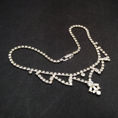 Vintage 1960s Clear Rhinestone Choker Necklace | Mid-Century Bridal Jewelry, Rhodium Plated, Baguette & Chaton Cuts