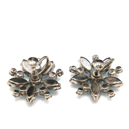 Sherman Turquoise Rhinestone Earrings, Screw-back Rhodium Plated, 1950s Vintage Jewelry