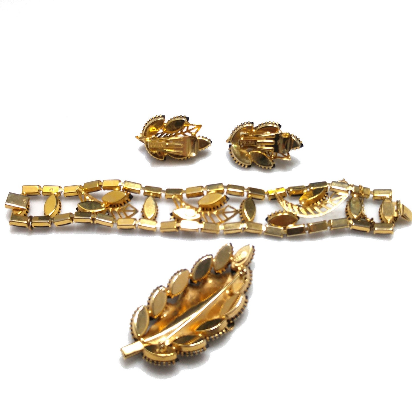 Vintage Weiss Black Rhinestone Jewelry Set, Bracelet Brooch Earrings