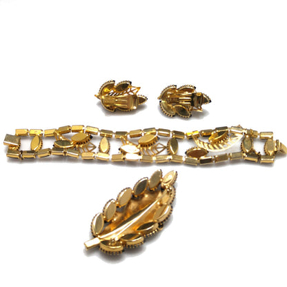 Vintage Weiss Black Rhinestone Jewelry Set, Bracelet Brooch Earrings