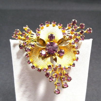 Purple Rhinestone Flower Brooch, Gold Plated, 1950s Vintage Jewelry
