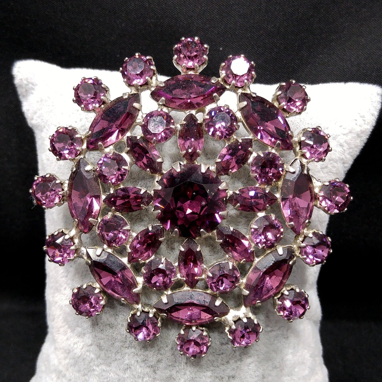 Purple Snowflake Flower Rhinestone Brooch, Rhodium Plated, 1960s Vintage Jewelry