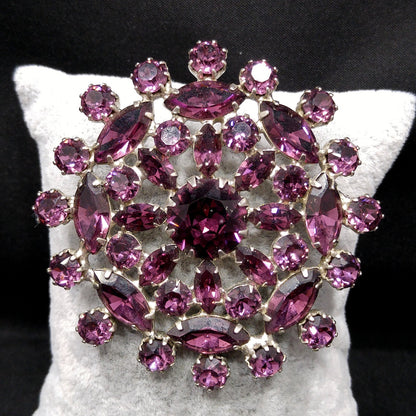 Purple Snowflake Flower Rhinestone Brooch, Rhodium Plated, 1960s Vintage Jewelry