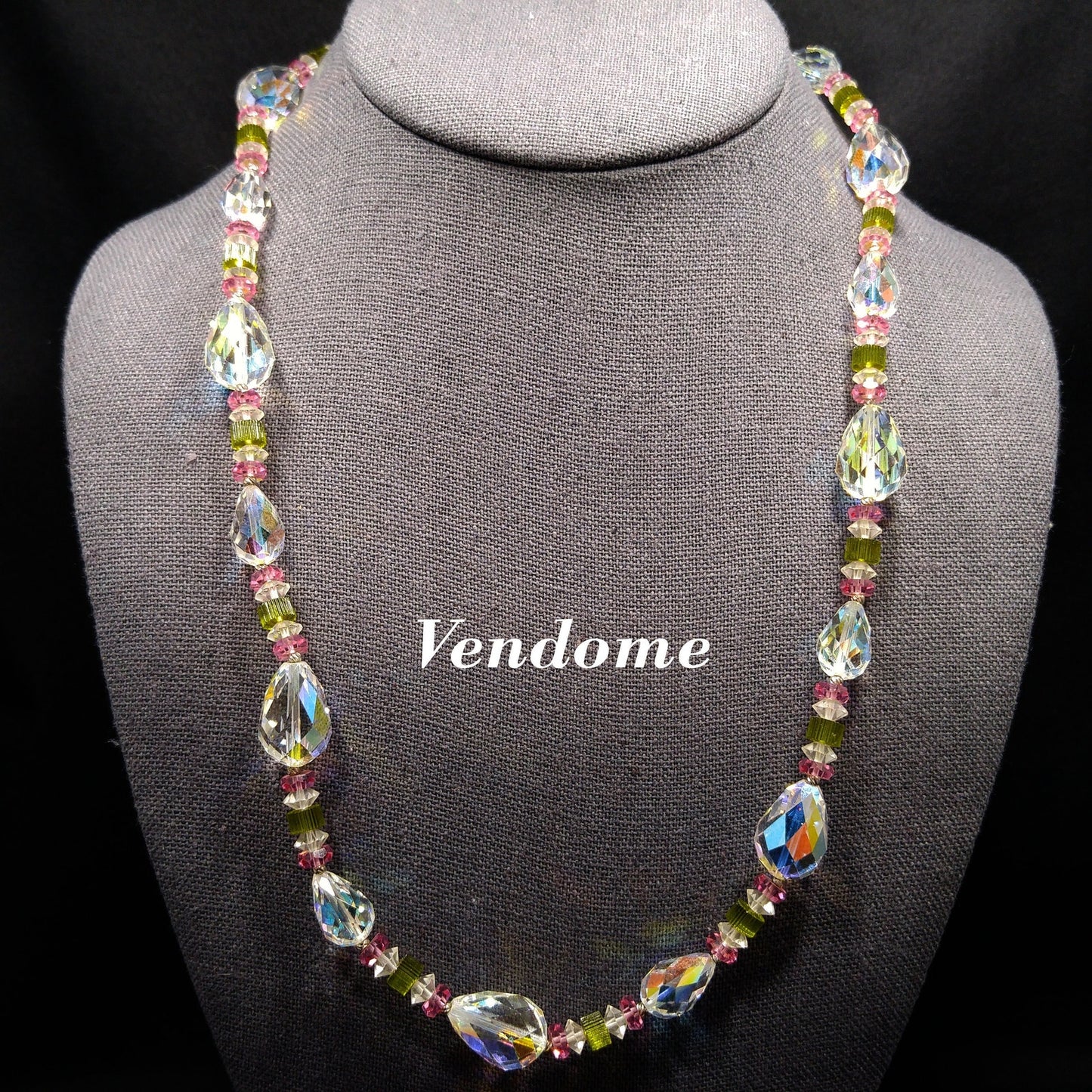 Vendome Crystal Necklace – 1960s Vintage Jewelry with Pear Shaped Swarovski Beads, Pink & Green Accents, 22 Inch Strand