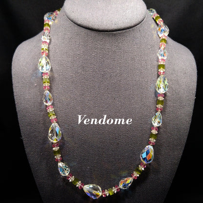 Vendome Crystal Necklace – 1960s Vintage Jewelry with Pear Shaped Swarovski Beads, Pink & Green Accents, 22 Inch Strand