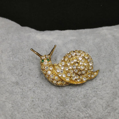 Bijoux Cascio Snail Small Brooch, Pave Clear Rhinestones, Green Eyes, 1970s Vintage Jewelry
