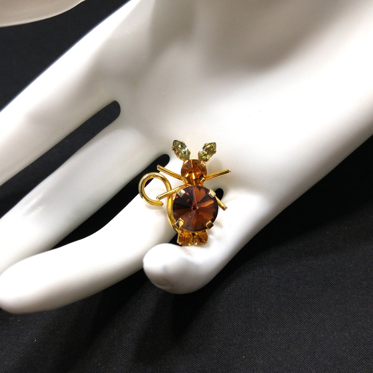 Vintage Austria Crystal Mouse Brooch – Figural Topaz & Citrine Rhinestones – 1 Inch