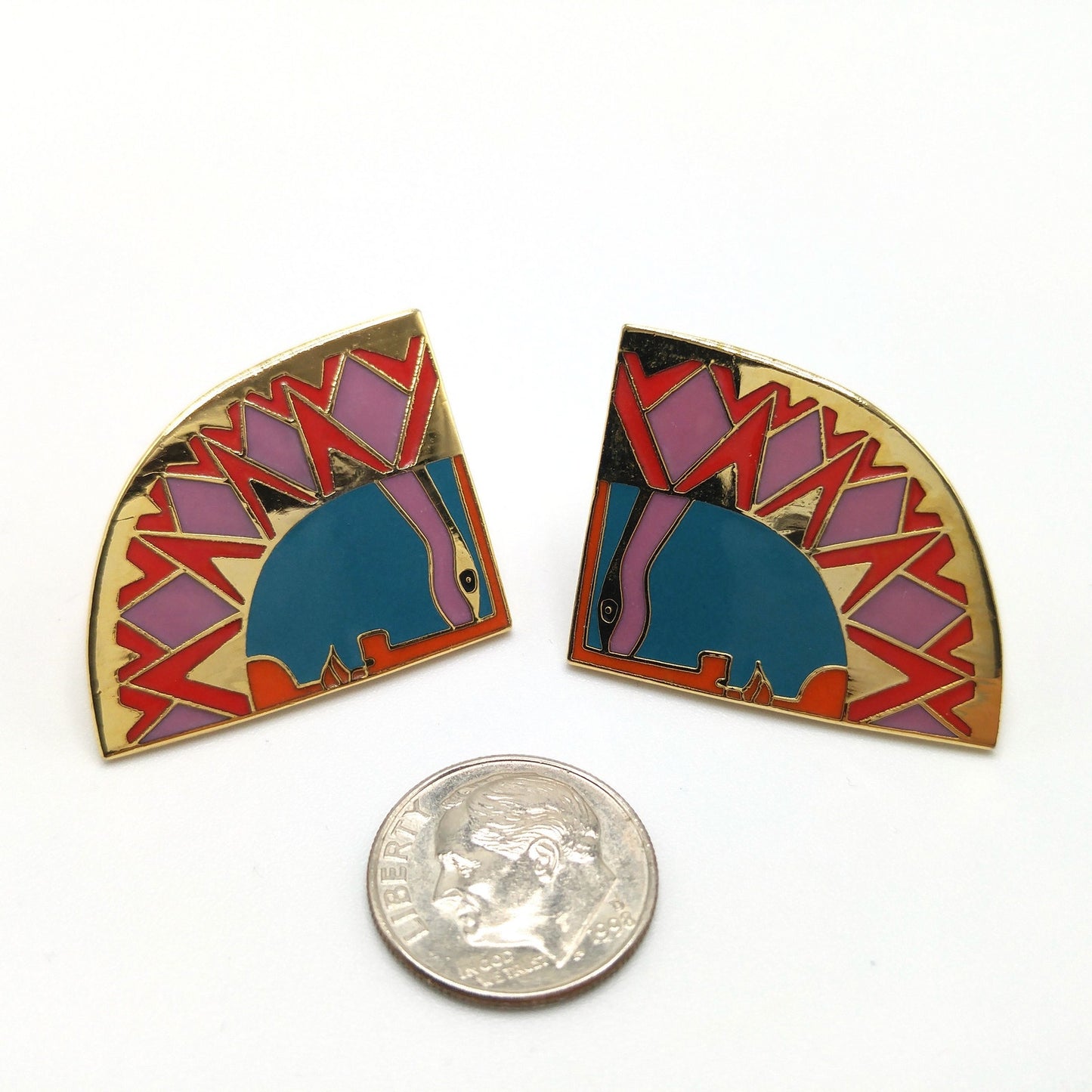 Laurel Burch "Sunface" Clip Earrings, Gold Plated Cloisonne Enamel, 1980s Vintage Jewelry