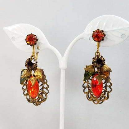 Vintage Filigree Rhinestone Brooch & Earrings, Orange Green Topaz Crystals, Floral Brass Tones, 1950s Vintage Jewelry