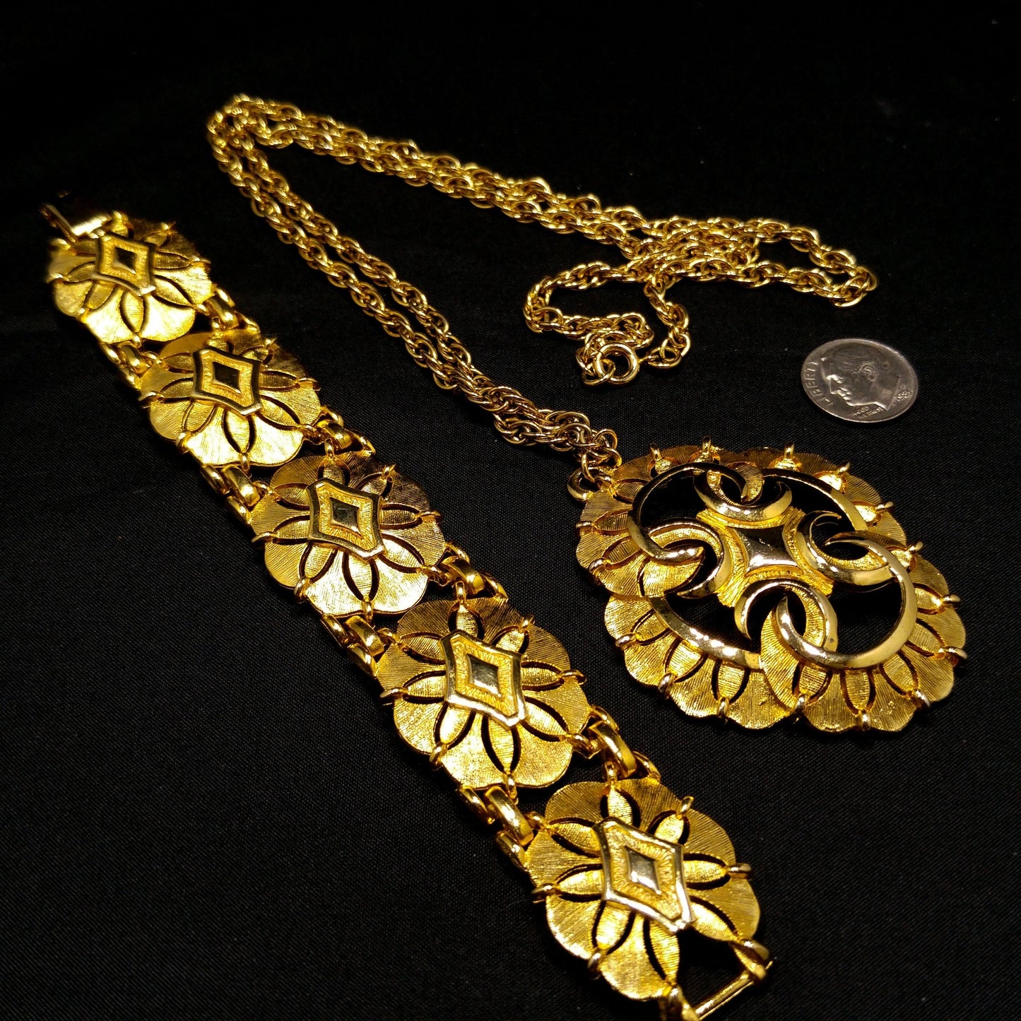 Gold Plated Necklace & Bracelet, Medallion Design, 1960s Vintage Jewelry