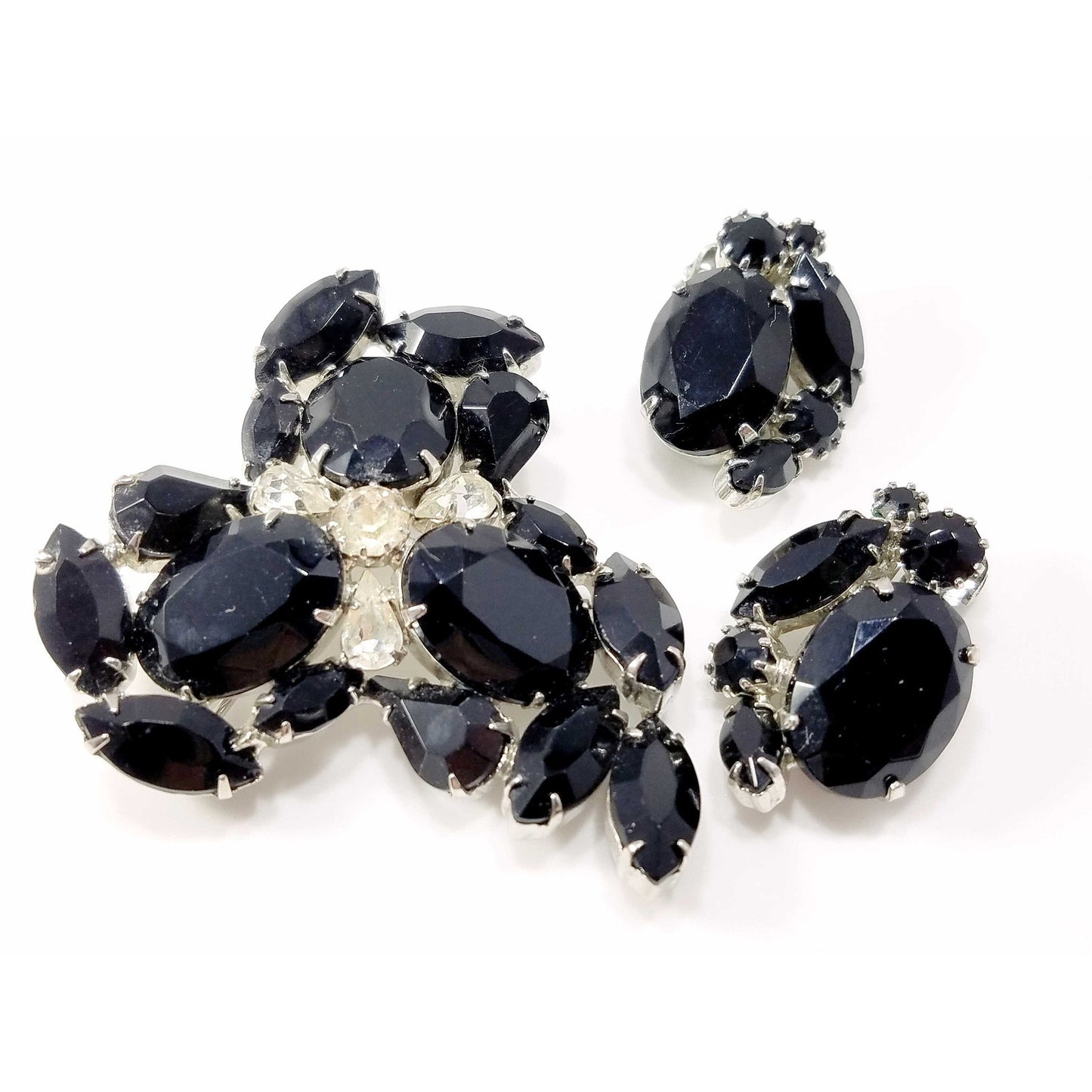 Vintage Weiss Black & Clear Rhinestone Brooch and Earrings Set, Rhodium Plated