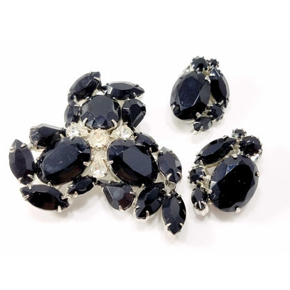 Vintage Weiss Black & Clear Rhinestone Brooch and Earrings Set, Rhodium Plated