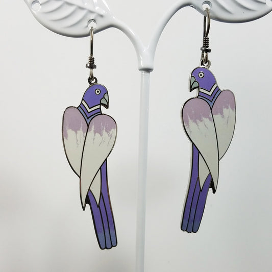 Laurel Burch "Cezanne" Parrot Earrings, Purple Lavender Cream Gray Enamel, Rhodium Plated Cloisonne Parrots, 1980s