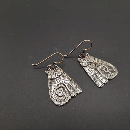 Laurel Burch Shambala Cat Earrings, Rhodium Plated, 1980s Vintage Jewelry