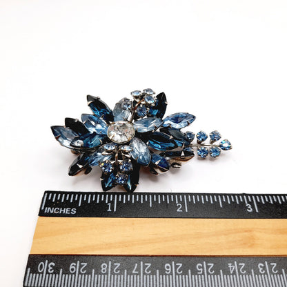 Vintage Blue Rhinestone Floral Spray Brooch, Sapphire Clear Stones, 1950s Jewelry
