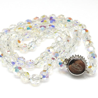 Bergere Aurora Borealis Crystal Long Necklace, Thread on Chain, Rhinestone Clasp, 1960s Vintage Jewelry